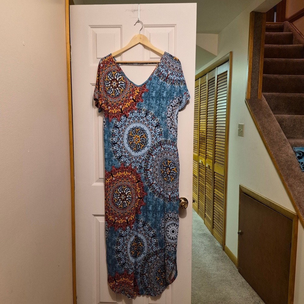 Blue Mandala Medallion Festival Boho Maxi Dress Short Sleeve Pockets 2XL